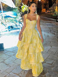 Niulatu Butter Yellow Sweetheart Neck A-Line Jacquard Satin Layered Long Prom Dresses Formal Evening Dress HZ1103