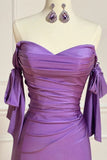 Niulatu Purple Sweetheart Satin Pleated Sheath Silt Prom Dresses Elegant Formal Evening Gowns HZ1103