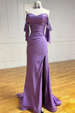 Niulatu Purple Sweetheart Satin Pleated Sheath Silt Prom Dresses Elegant Formal Evening Gowns HZ1103