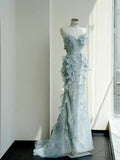 Niulatu Neck Mermaid Tulle Sequins Elegant Long Prom Dresses Exquisite Embroidery Applique Train Wedding Dress HZ1103