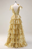 Niulatu Gold V-neck Glitter Satin Layered A-Line Prom Dresses Sweet Formal Evening Dress HZ1103