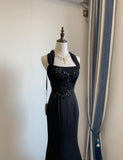 Niulatu Black Square Neck Mermaid Beaded Long Prom Dresses Formal Evening Dress HZ1103