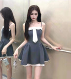 Niulatu style stitching suspender dress with bow waist short skirt HZ1103