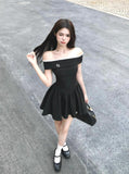 Niulatu style black off-shoulder dress summer short skirt HZ1103