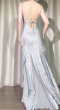 Niulatu Silver V-neck Satin Beaded Party Dresses Backless Sexy Prom Dresses HZ1103