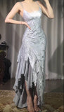 Niulatu Silver V-neck Satin Beaded Party Dresses Backless Sexy Prom Dresses HZ1103