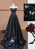 Niulatu Black Sweetheart Neck A-Line Satin Long Prom Dresses Formal Evening Gowns HZ1103