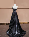 Niulatu Black Sweetheart Neck A-Line Satin Long Prom Dresses Formal Evening Gowns HZ1103
