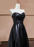 Niulatu Black Sweetheart Neck A-Line Satin Long Prom Dresses Formal Evening Gowns HZ1103