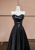 Niulatu Black Sweetheart Neck A-Line Satin Long Prom Dresses Formal Evening Gowns HZ1103