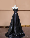 Niulatu Black Sweetheart Neck A-Line Satin Long Prom Dresses Formal Evening Gowns HZ1103