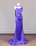 Niulatu Purple Strap Mermaid Satin Backless Long Prom Dresses Formal Evening Gowns HZ1103