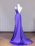 Niulatu Purple Strap Mermaid Satin Backless Long Prom Dresses Formal Evening Gowns HZ1103