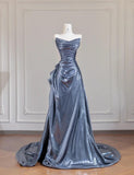Niulatu Black Grey V-neck A-line Long Prom Dresses Formal Evening Gowns With Pleats HZ1103