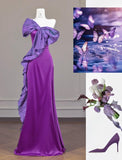 Niulatu Purple One Shoulder Mermaid Satin Bow Long Prom Dresses Sweet Evening Gowns HZ1103