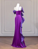 Niulatu Purple One Shoulder Mermaid Satin Bow Long Prom Dresses Sweet Evening Gowns HZ1103