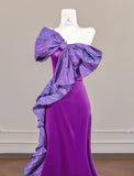 Niulatu Purple One Shoulder Mermaid Satin Bow Long Prom Dresses Sweet Evening Gowns HZ1103