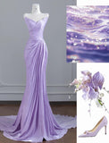 Niulatu Purple Strapless Mermaid Pleated Train Prom Dresses Formal Evening Gowns HZ1103