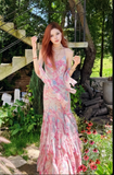 Niulatu Pink Spaghetti Straps Printed Chiffon Mermaid Prom Dresses Vintage Backless Evening Gowns HZ1103