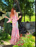 Niulatu Pink Spaghetti Straps Printed Chiffon Mermaid Prom Dresses Vintage Backless Evening Gowns HZ1103
