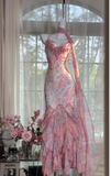 Niulatu Pink Spaghetti Straps Printed Chiffon Mermaid Prom Dresses Vintage Backless Evening Gowns HZ1103