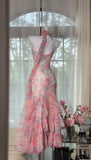 Niulatu Pink Spaghetti Straps Printed Chiffon Mermaid Prom Dresses Vintage Backless Evening Gowns HZ1103