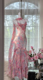 Niulatu Pink Spaghetti Straps Printed Chiffon Mermaid Prom Dresses Vintage Backless Evening Gowns HZ1103