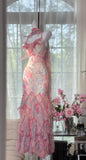 Niulatu Pink Spaghetti Straps Printed Chiffon Mermaid Prom Dresses Vintage Backless Evening Gowns HZ1103