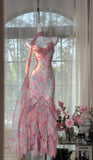Niulatu Pink Spaghetti Straps Printed Chiffon Mermaid Prom Dresses Vintage Backless Evening Gowns HZ1103