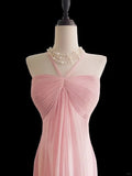 Niulatu Pink Halter Neck Chiffon Mermaid Long Prom Dresses Formal Evening Gowns HZ1103