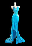 Niulatu Blue Spaghetti Straps Hi-Lo Backless Satin Beaded Prom Dresses Elegant Evening Dress HZ1103