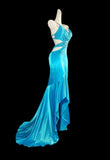 Niulatu Blue Spaghetti Straps Hi-Lo Backless Satin Beaded Prom Dresses Elegant Evening Dress HZ1103