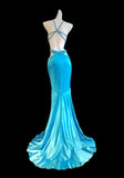 Niulatu Blue Spaghetti Straps Hi-Lo Backless Satin Beaded Prom Dresses Elegant Evening Dress HZ1103