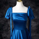 Niulatu Blue Satin Square Neck A-Line Long Prom Dresses Formal Evening Gowns HZ1103