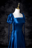 Niulatu Blue Satin Square Neck A-Line Long Prom Dresses Formal Evening Gowns HZ1103