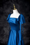 Niulatu Blue Satin Square Neck A-Line Long Prom Dresses Formal Evening Gowns HZ1103
