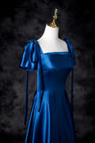 Niulatu Blue Satin Square Neck A-Line Long Prom Dresses Formal Evening Gowns HZ1103