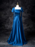 Niulatu Blue Satin Square Neck A-Line Long Prom Dresses Formal Evening Gowns HZ1103
