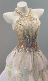 Niulatu Halter Neck A-Line Sparkling Rhinestone Tulle Long Prom Dresses Formal Evening Gowns HZ1103
