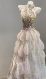 Niulatu Halter Neck A-Line Sparkling Rhinestone Tulle Long Prom Dresses Formal Evening Gowns HZ1103