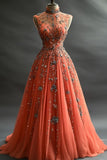 Niulatu Deep Peach Half-Mount Neck Tulle Rhinestone A-Line Long Prom Dresses Formal Wedding Dress HZ1103