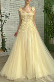 Niulatu Butter Yellow Square Neck Tulle Applique A-Line Long Prom Dresses Formal Evening Gowns HZ1103