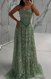 Niulatu Green Tulle Beading Square Neck A-Line Long Prom Dresses Sweet 16 Evening Gowns HZ1103