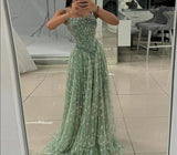 Niulatu Green Tulle Beading Square Neck A-Line Long Prom Dresses Sweet 16 Evening Gowns HZ1103