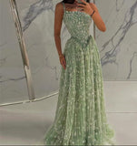 Niulatu Green Tulle Beading Square Neck A-Line Long Prom Dresses Sweet 16 Evening Gowns HZ1103