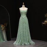 Niulatu Green Tulle Beading Square Neck A-Line Long Prom Dresses Sweet 16 Evening Gowns HZ1103