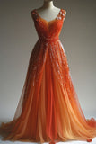 Niulatu Orange V-Neck Tulle A-Line Sequins Long Prom Dresses Unique Evening Gowns HZ1103