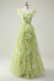 Niulatu Light Sage Green Square Neck Printed Chiffon A-Line Long Prom Dresses Birthday Evening Gowns HZ1103