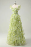 Niulatu Light Sage Green Square Neck Printed Chiffon A-Line Long Prom Dresses Birthday Evening Gowns HZ1103