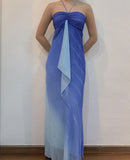 Niulatu Gradient Blue Halter Neck Sheath Long Prom Dresses Elegant Party Dress HZ1103